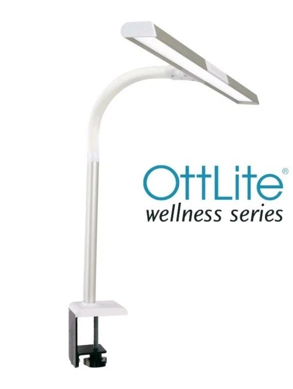 OttLite Extra Wide LED Clamp Lamp 5 Light Levels White Silver